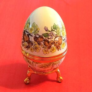 Decorative Egg with Bunny Design,Crummles Enamel Trinket Box Egg. All Hand Paint
